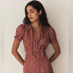 Doên Evienne Dress -- Ameline Ditsy Red Silk Bow Dress,  sz s